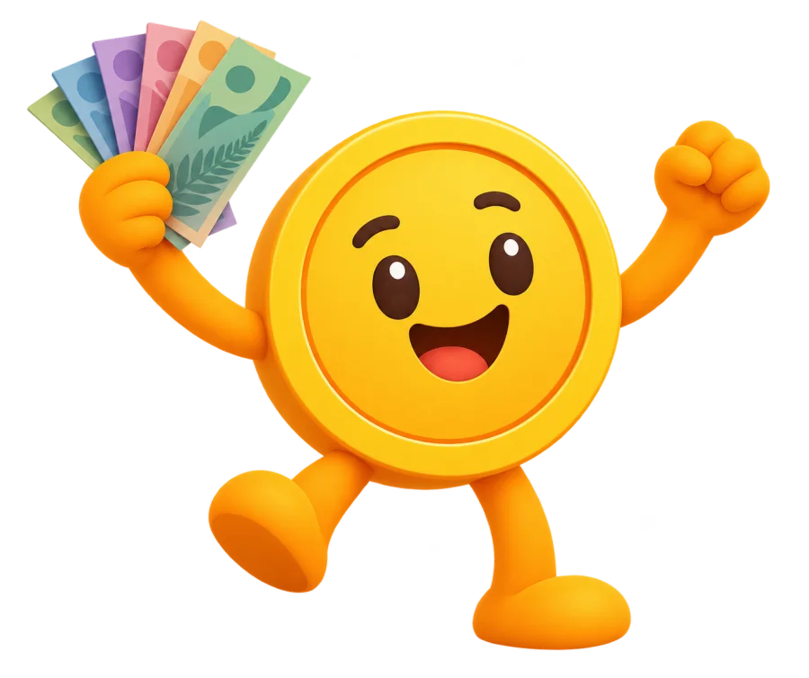 Penny celebrating payday with a fan of colourful bills