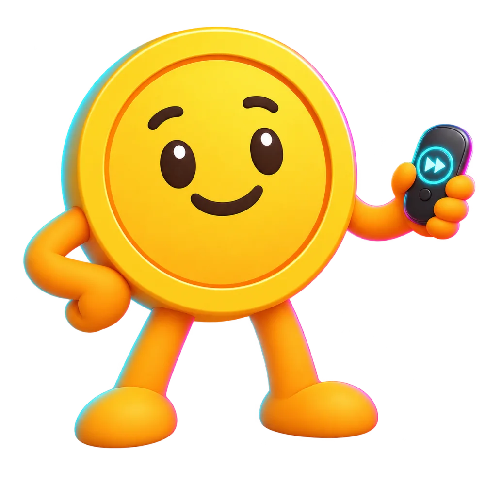 Penny, the PennyPal coin, holding a fast-forward remote